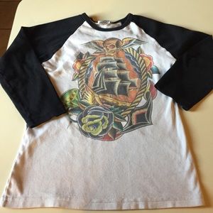 Skull and Sailboat Tattoo-style Baseball Tee